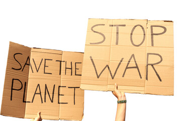 Two Cardboard Signs saying Save the planet and Stop War held by hands on a white background