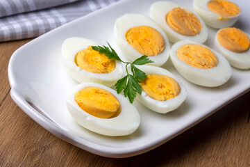Boiled sliced egg, food photo