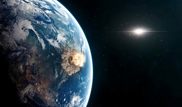Illustration 3D A violent explosion on the surface of planet Earth. © BEER