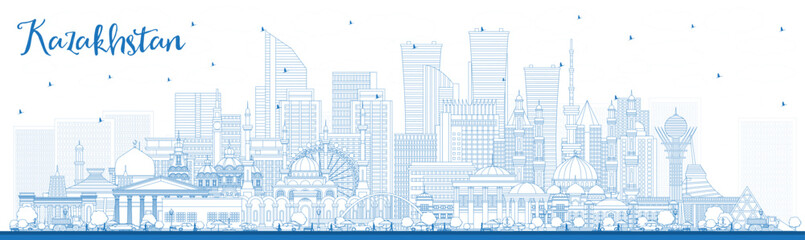 Obraz premium Outline Kazakhstan City Skyline with Blue Buildings.