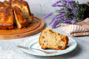 Delicious dried fruit cake sliced. dried fruitcake. Concept cake delicious, homemade.