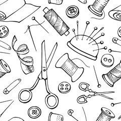 Seamless pattern with sewing tools. Hand drawn illustration converted to vector. - obrazy, fototapety, plakaty