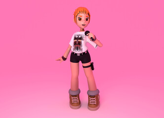Kpop girl sings with microphone hands. 3D Illustration