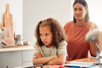Unhappy, moody and angry little girl standing with arms crossed and looking upset while ignoring her mom. Upset, naughty and problem daughter or child and her angry or disappointed mother at home
