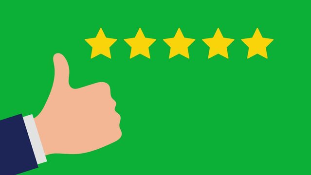 Customer review in five star product purchase with thumbs up and review sign on green background. Input. Motion graphics