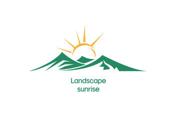 Minimalist landscape hills mountain peaks vector logo design mountain outdoors with sun sunrise logo