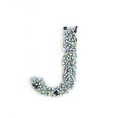 Capital letter J made from screws and bolts. Alphabet made from used screws. White background. Industrial bolt font