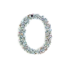 Capital letter O made from screws and bolts. Alphabet made from used screws. White background. Industrial bolt font