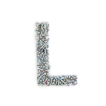 Capital letter L made from screws and bolts. Alphabet made from used screws. White background. Industrial bolt font