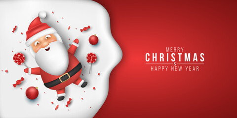 Christmas cartoon banner with emotional cartoon santa lies on a snowdrift with lollipops, candy, balls. Happy new year background for your design. Vector illustration