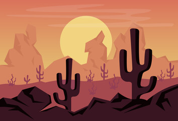 Illustration Vector graphic of Desert landscape. Desert area, sand terrain - Africa, Sahara, or Arizona nature fit for Wilderness background. Safari. Wild West. etc.