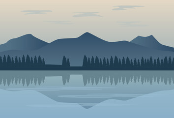 Illustration Vector graphic of beautiful foggy lake and mountain landscape fit for Minimalist mountain background etc.