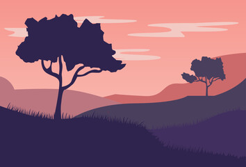 Illustration Vector graphic of Beautiful morning on the hill  fit for Beautiful landscape background etc.