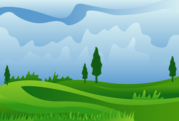 Illustration Vector graphic of Nature landscape with green meadow, trees and blue sky  fit for background etc.