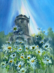 Old windmill in the flowering meadow watercolor illustration