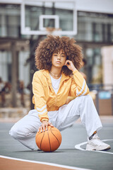 Basketball player on court, getting ready for game and looking serious before fitness exercise...