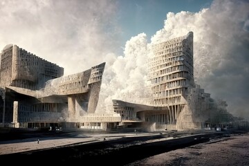 Brutalism architecture view, digital art, 3d illustration