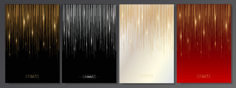 Gold and silver luxury covers. Fall of lines on the black, platinum and red background with glows of light. Premium brochure set for invitations, business, elegant events