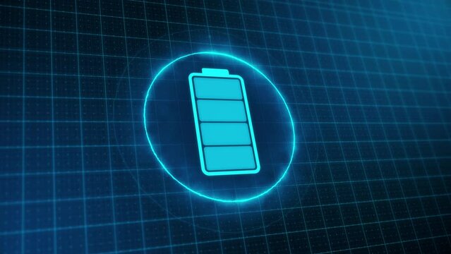 Futuristic battery charging animation. Digital electronic hi-tech HUD style charge level indications. Charging discharged battery to full charge.