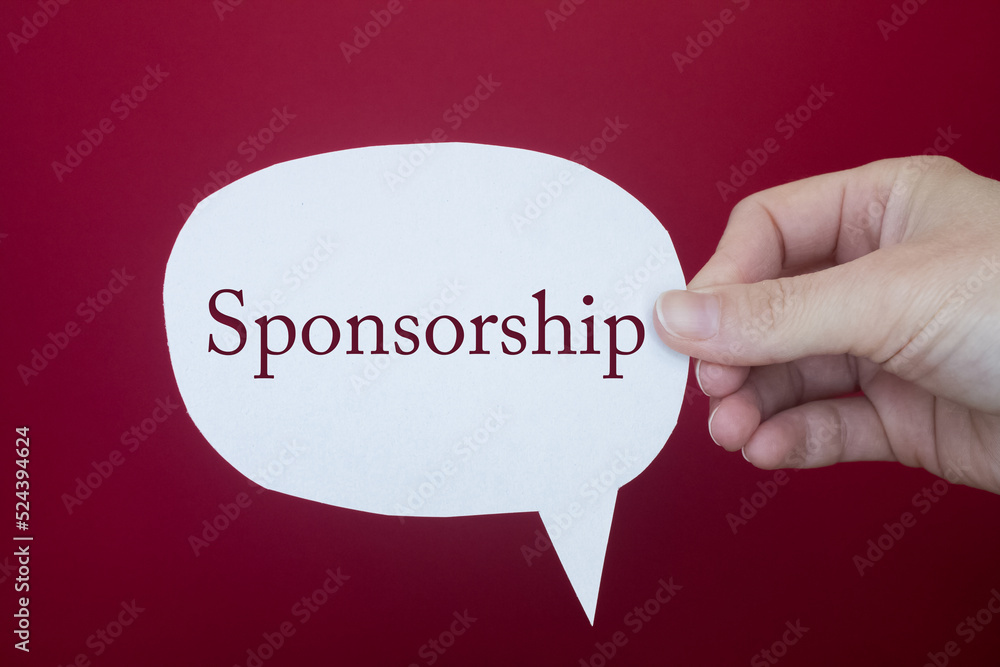 Poster speech bubble in front of colored background with sponsorship text.