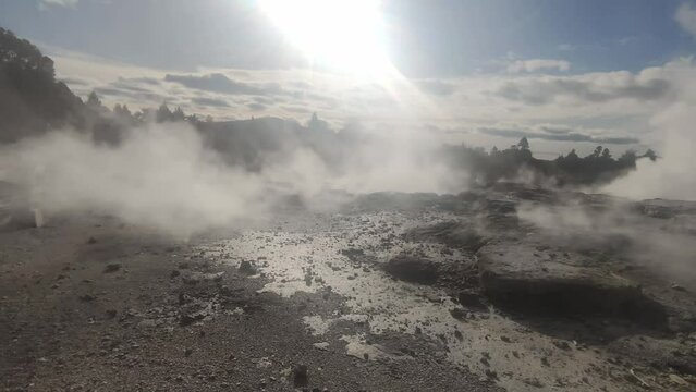geothermal volcanic park with geysers and hot streams, scenic landscape, te piua national park, rotorua, new zealand. High quality photo