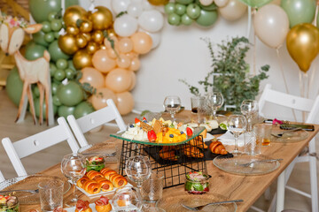 Appetizers table with differents antipasti, charcuterie, snacks and cheese. Buffet party. Top view, copy space, negative space