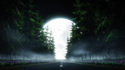 The road cuts through the mountain pine forest. There are flower bushes by the side of the road. Heading towards full moon at night. Early winter night road with fog covering the surface.3D Rendering - Powered by Adobe