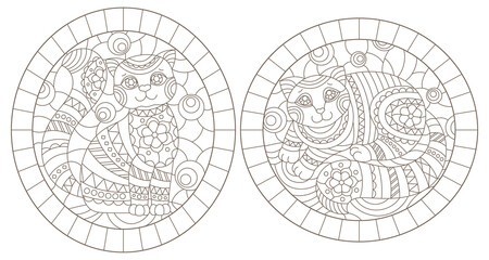 Obraz premium Set of contour illustrations of stained glass Windows with cute cartoon cats , dark contours on a white background