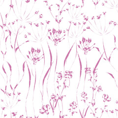 Sketch of flowers and herbs in pink color on a white background. Seamless pattern.