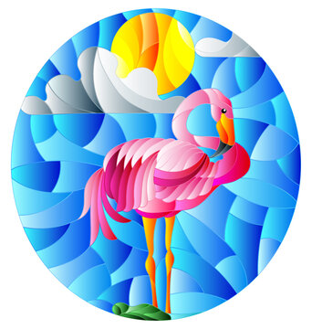 recommend clip art: Illustration in stained glass style with a bright rainbow intertwined leaves on a blue background, oval image