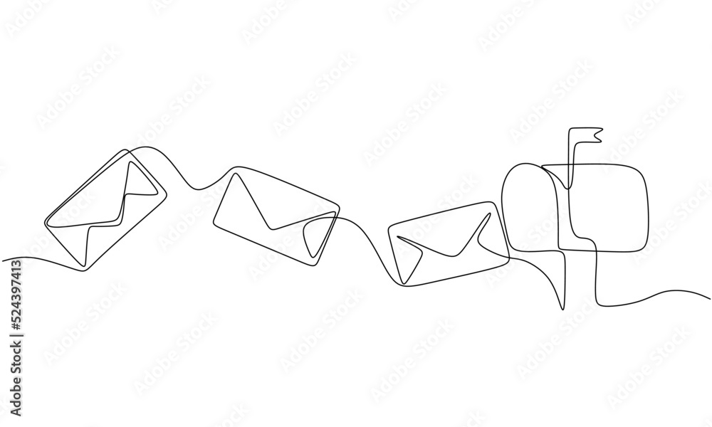 Wall mural One line paper envelope. Black and white monochrome continuous single line art. Email message post letter send illustration sketch outline drawing