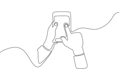 Obraz premium Continuous one line drawing of hand holding phone or smartphone. Vector illustration minimalism design smart mobile technology theme.