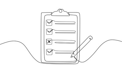 Clipboard with checklist and pen. Continuous line one drawing. Vector illustration. Simple line illustration. - obrazy, fototapety, plakaty