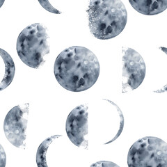Watercolor moon phases seamless pattern. Hand-drawn illustration of celestial bodies on an endless background. Astronomical motif for fabric and wallpaper. Mystical dreamy print.