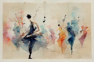 Dancers dancing in the flow of music and color harmony, abstract watercolor background