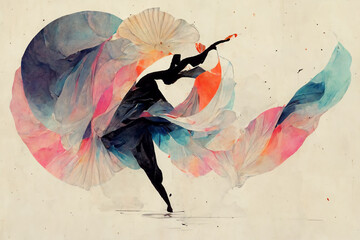 Ballerina in the flow of music and color, abstract watercolor background