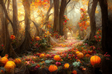 Beautiful halloween fall forest covered in pumpkins - obrazy, fototapety, plakaty