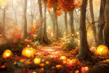 Pumpkin forest in fall foliage, mysterious and beautiful illustration