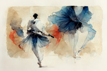 Beautiful ballerina performance in color harmony, watercolor illustration background. - obrazy, fototapety, plakaty