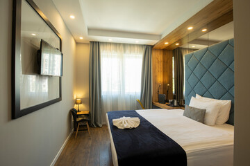 Interior of a double bed hotel bedroom