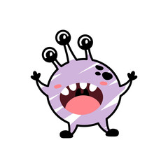 Funny cartoon purple monster with three eyes is scary. A fictional character for children. Cute alien icon in doodle style. Evil mascot for the brand. A cool print for children's products.