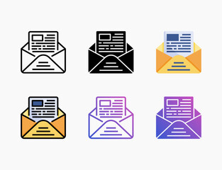 Open Mail icon set with different styles. Style line, outline, flat, glyph, color, gradient. Can be used for digital product, presentation, print design and more.