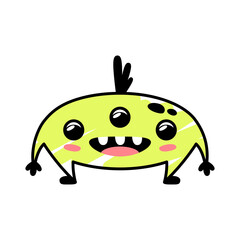 Funny cartoon yellow monster smiling kindly. A fictional character for children. Cute alien icon in doodle style. A good mascot for the brand. A cool print for children's products.