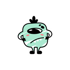 Funny cartoon blue monster with a suspicious expression. A fictional character for children. Cute alien icon in doodle style. Mascot for the brand. A cool print for children's products.
