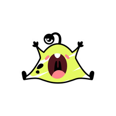 Funny cartoon yellow monster yawns tiredly. A fictional character for children. Cute alien icon in doodle style. Mascot for the brand. A cool print for children's products.