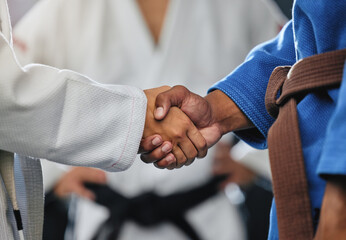 . Handshake, respect and discipline with mma, karate and fight students shaking hands before a match or combat sport in a training gym or dojo. Training, exercise and workout in self defense class. - obrazy, fototapety, plakaty