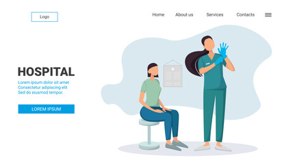 the doctor at the reception of patients puts on gloves the inscription hospital