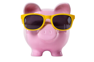 Piggy bank wearing sunglasses holiday vacation saving concept isolated transparent background photo PNG file