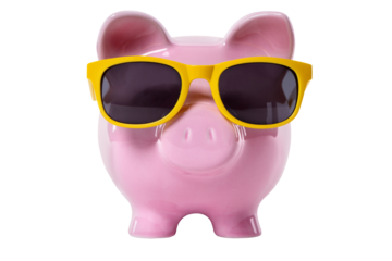 Piggy bank wearing sunglasses holiday vacation saving concept isolated transparent background photo PNG file