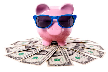 Piggy bank with dollar holiday savings isolated transparent background photo PNG file